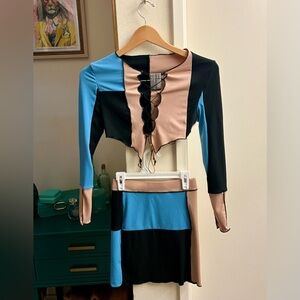 SHEIN Ribbed Tan, Black and Blue Matching Top and Skirt